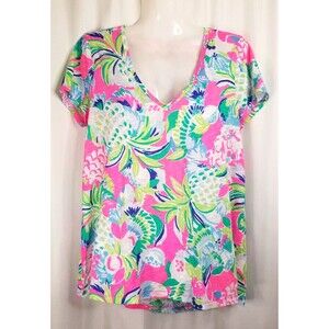 Lily Pulitzer Women's Top Tropical Pineapple Design Pink V-Neck Classic Size S